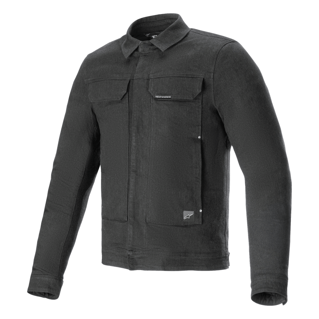 Alpinestars Garage Jacket, kurtka motocyklowa w kolorze Smoke Gray, elastyczny bawełniany dżins z długimi rękawami, sylwetka inspirowana odzieżą roboczą, kieszenie na klatce piersiowej i subtelne naszywki z logo, miejska odzież ochronna w stylu casual