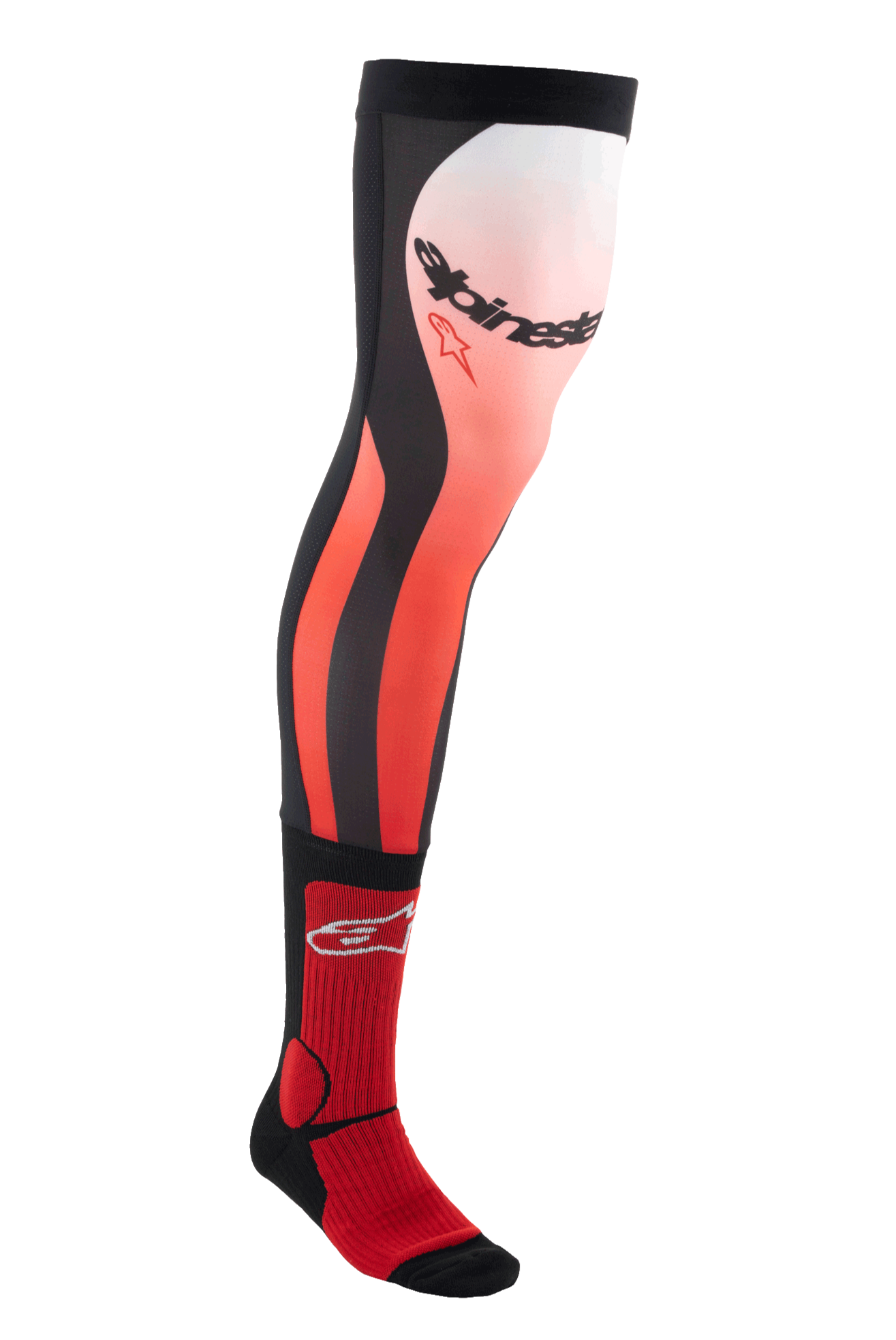 Alpinestars Knee Brace Socks, długie skarpety motocrossowe, jaskrawoczerwone, białe i czarne, techniczna konstrukcja do kolan z gradientowym wzorem i wyrazistym logo, prążkowana tekstura dla pewnego dopasowania, specjalnie zaprojektowane do butów terenowych i ortez kolanowych