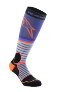 Alpinestars MX Pro Socks V2, wysokie skarpety motocrossowe, czarne, szare, fioletowe i pomarańczowe, konstrukcja żebrowana, wzór w poziome paski, wyczynowa odzież motocyklowa