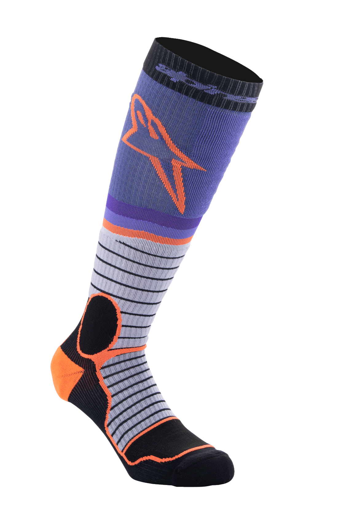 Alpinestars MX Pro Socks V2, wysokie skarpety motocrossowe, czarne, szare, fioletowe i pomarańczowe, konstrukcja żebrowana, wzór w poziome paski, wyczynowa odzież motocyklowa