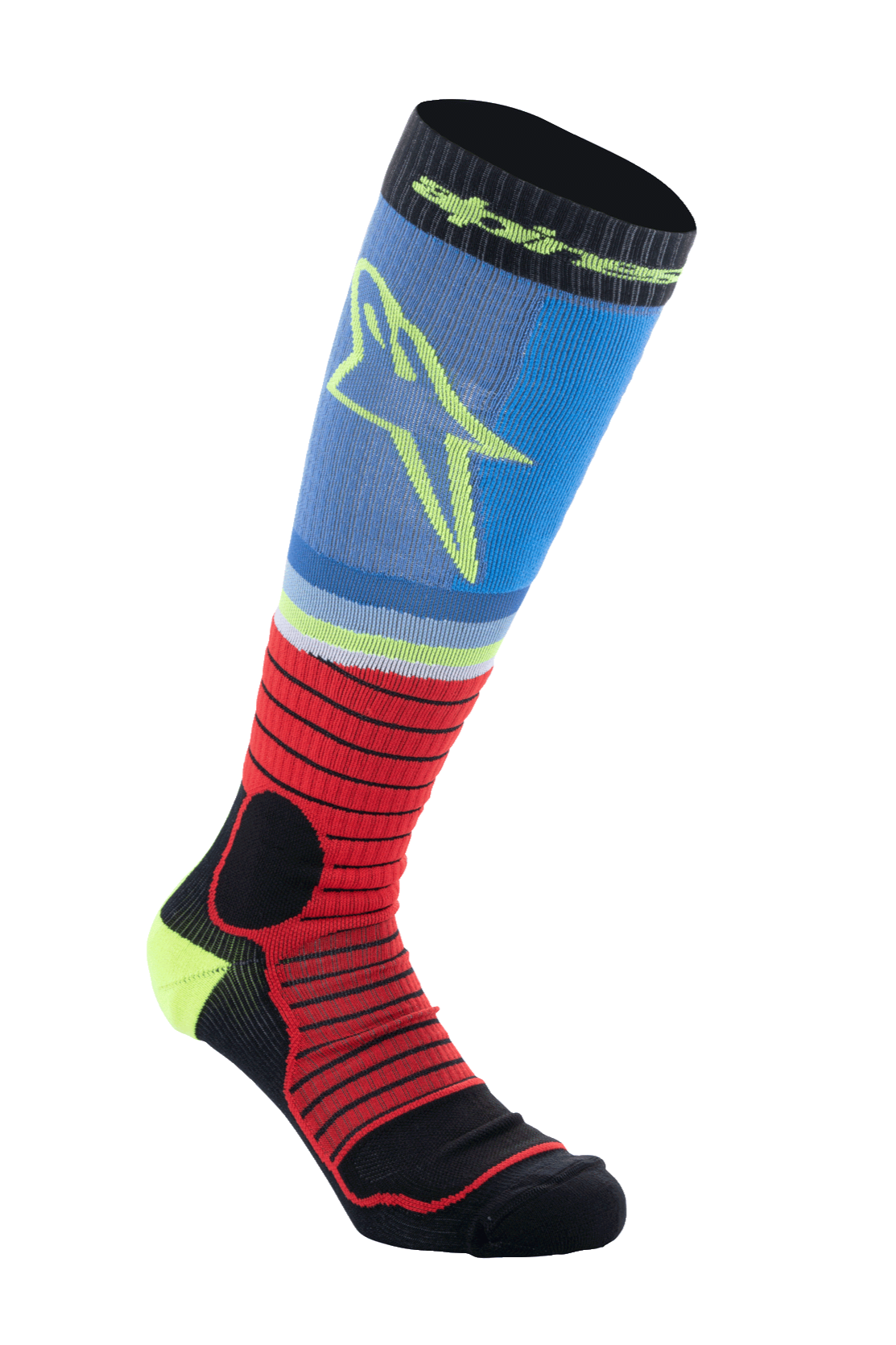 Alpinestars MX Pro Socks V2, skarpety motocrossowe do kolan, czarne, czerwone i jasnoniebieskie, prążkowany sportowy design z żółtym logo gwiazdy, materiał techniczny odprowadzający wilgoć do wyścigów terenowych