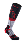 Alpinestars MX Pro Socks V2, podkolanówki motocrossowe, czarne, szare i czerwone, czerwone logo Astar na górze łydki, szara środkowa część w cienkie czarne poziome paski, wzmocniona czerwona wyściółka na pięcie i kostce, odprowadzające wilgoć skarpety do jazdy terenowej