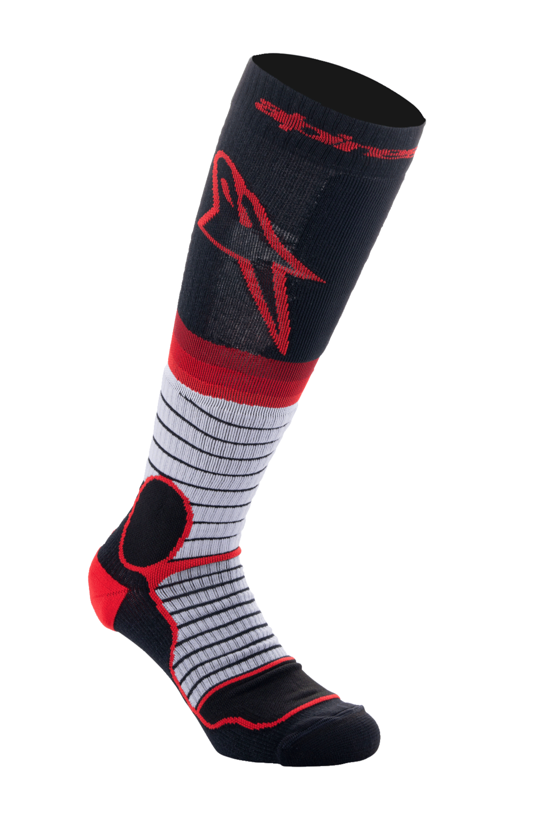 Alpinestars MX Pro Socks V2, podkolanówki motocrossowe, czarne, szare i czerwone, czerwone logo Astar na górze łydki, szara środkowa część w cienkie czarne poziome paski, wzmocniona czerwona wyściółka na pięcie i kostce, odprowadzające wilgoć skarpety do jazdy terenowej