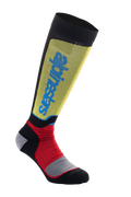 Alpinestars MX Plus Socks, skarpety motocrossowe, czarne, żółte i czerwone z niebieskim brandingiem, długość do kolan, żebrowana tekstura, wzmocniona szara wyściółka, techniczne skarpety off-road