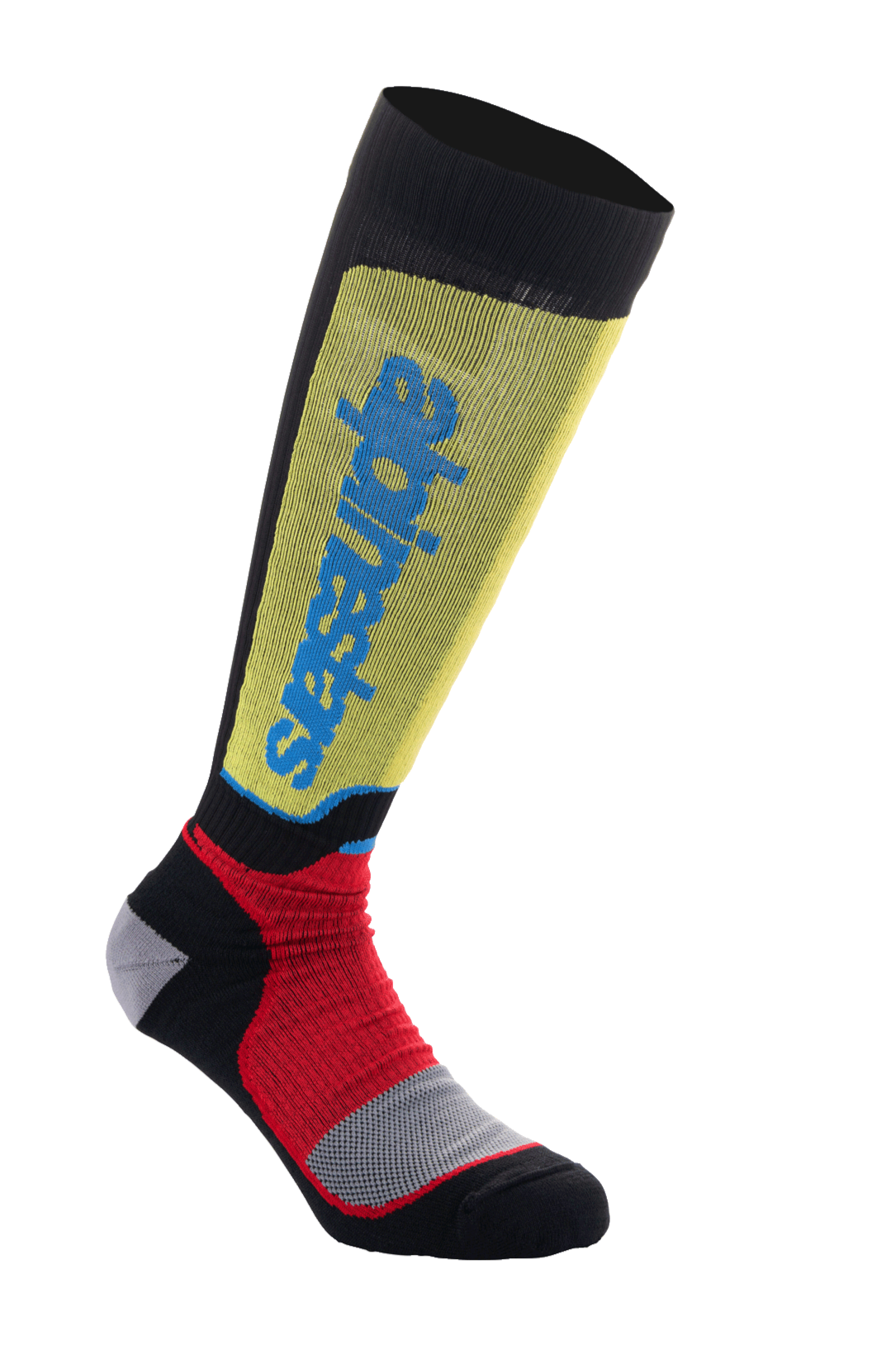 Alpinestars MX Plus Socks, skarpety motocrossowe, czarne, żółte i czerwone z niebieskim brandingiem, długość do kolan, żebrowana tekstura, wzmocniona szara wyściółka, techniczne skarpety off-road