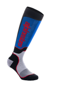 Alpinestars MX Plus Socks, skarpety motocrossowe, czarne, niebieskie i szare, czerwone logo Alpinestars, prążkowana tekstura zapewniająca elastyczność, siateczkowe strefy wentylacyjne, wzmocniona wyściółka dla komfortu w terenie