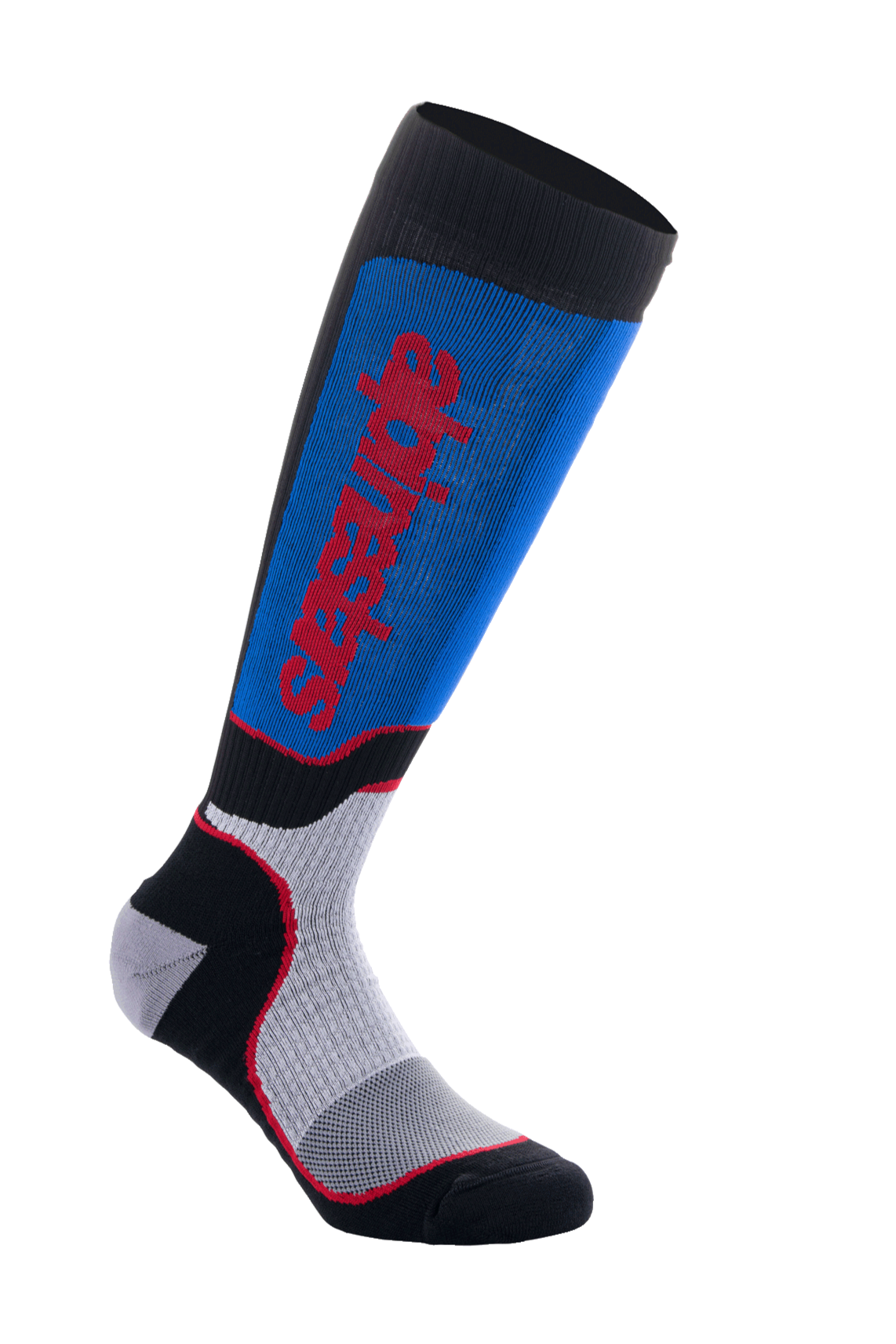 Alpinestars MX Plus Socks, skarpety motocrossowe, czarne, niebieskie i szare, czerwone logo Alpinestars, prążkowana tekstura zapewniająca elastyczność, siateczkowe strefy wentylacyjne, wzmocniona wyściółka dla komfortu w terenie