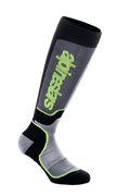 Alpinestars MX Plus Socks, skarpety motocrossowe do kolan, czarne, szare i neonowożółte, z pionowym logo Alpinestars, żebrowaną i siateczkową teksturą, techniczna odzież motocyklowa
