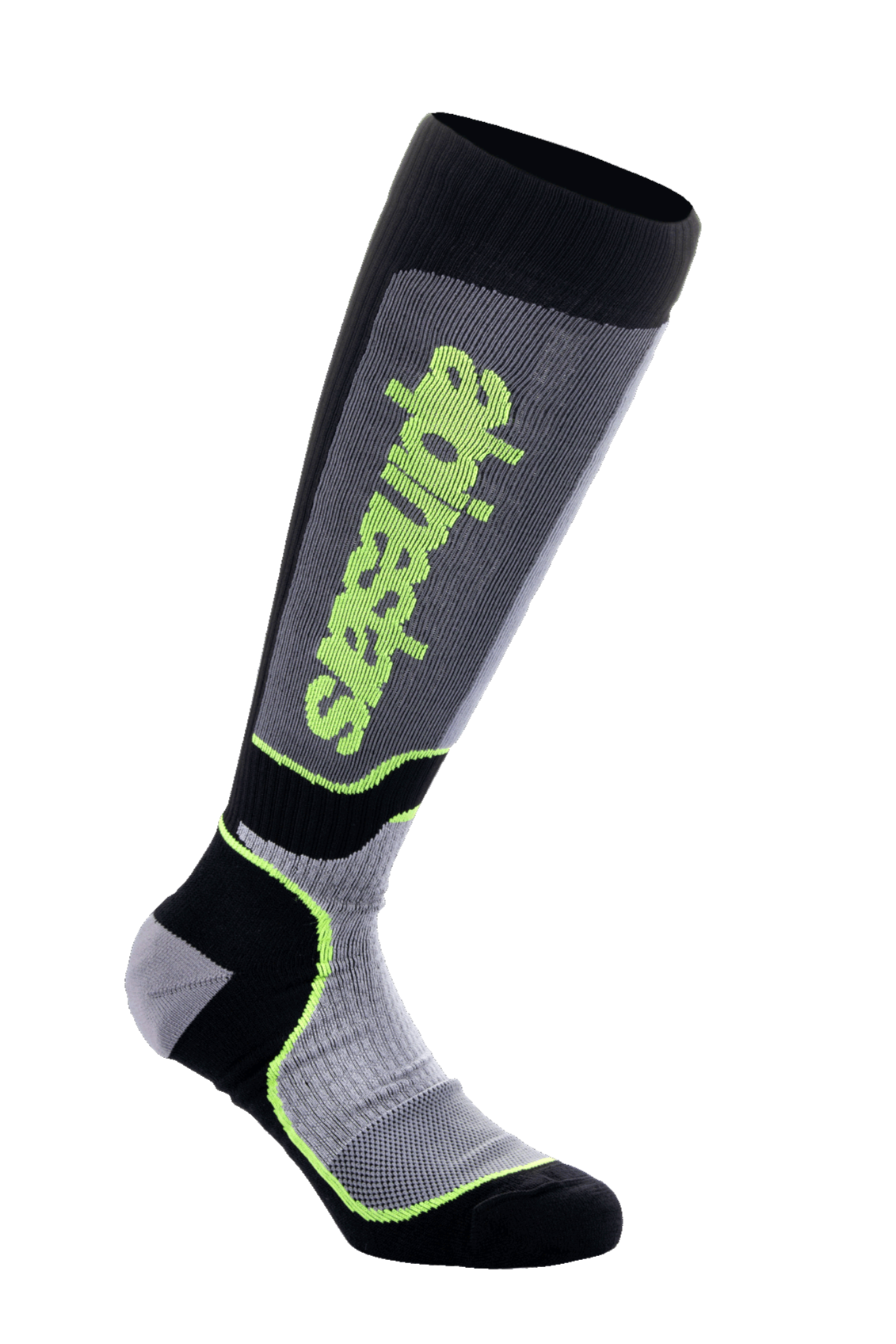 Alpinestars MX Plus Socks, skarpety motocrossowe do kolan, czarne, szare i neonowożółte, z pionowym logo Alpinestars, żebrowaną i siateczkową teksturą, techniczna odzież motocyklowa