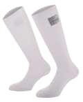 Alpinestars Race V4 Socks, białe podkolanówki wyścigowe do kolan, żebrowana konstrukcja Nomex z etykietą certyfikacji FIA, ognioodporna konstrukcja dla profesjonalnego motorsportu