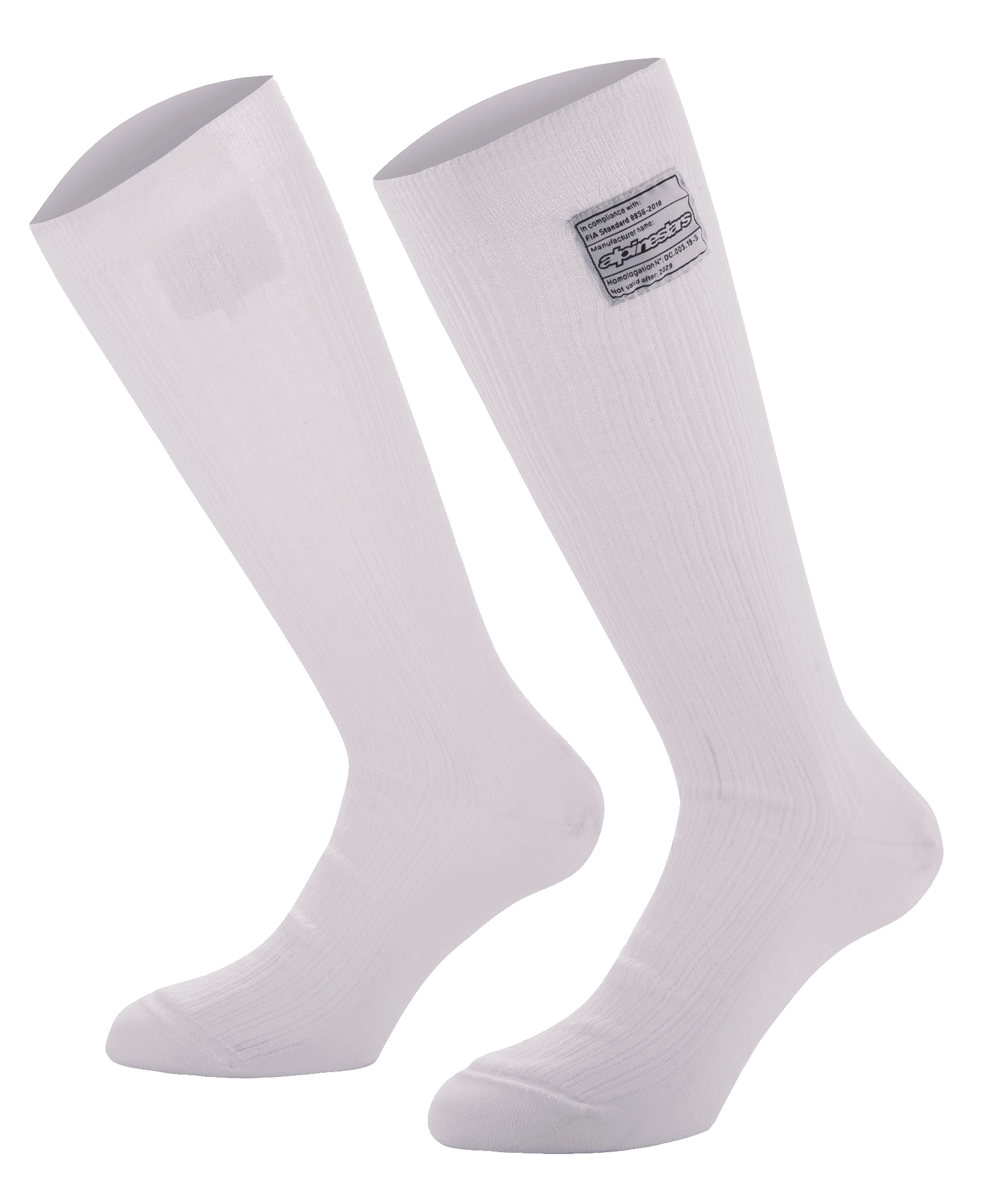 Alpinestars Race V4 Socks, białe podkolanówki wyścigowe do kolan, żebrowana konstrukcja Nomex z etykietą certyfikacji FIA, ognioodporna konstrukcja dla profesjonalnego motorsportu