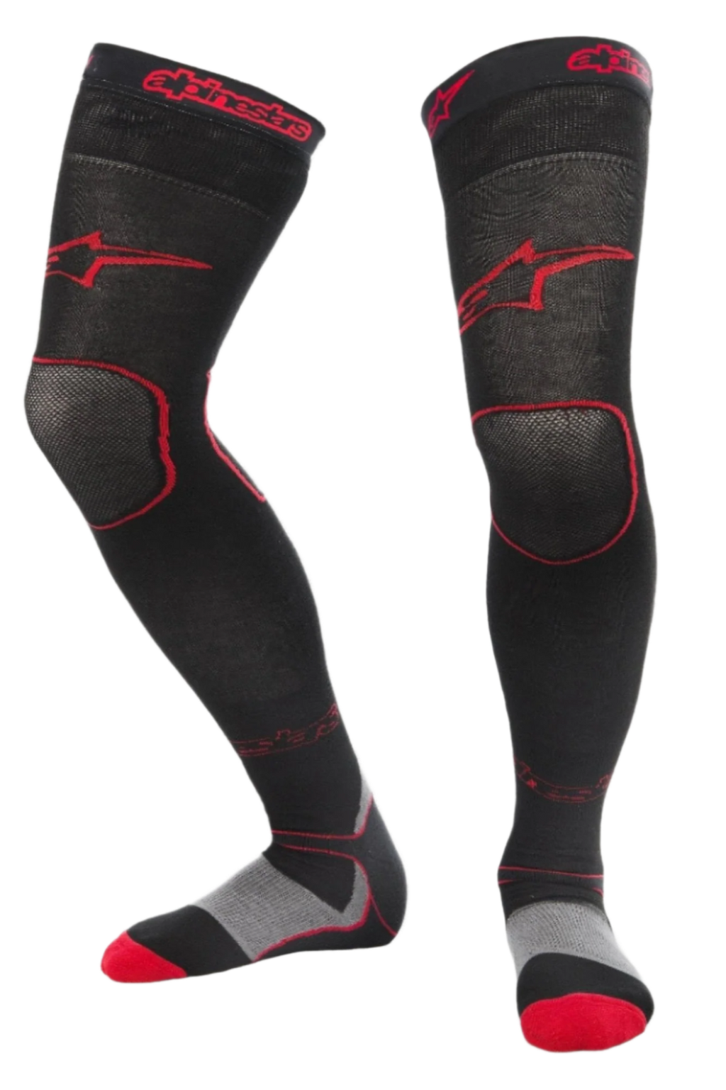 Alpinestars MX Long Tech Thick Socks, skarpety motocrossowe, czarno-czerwone, długość do połowy uda z czerwonym logo, szare i czerwone detale na podeszwie, techniczna tkanina przeznaczona do wyścigów off-road i butów motocrossowych