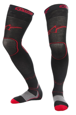 Alpinestars MX Long Tech Thick Socks, Motocross Riding Socks, Black and Red, mid-thigh length with red branding, grey and red sole details, technical fabric designed for off-road racing and dirt bike boots
