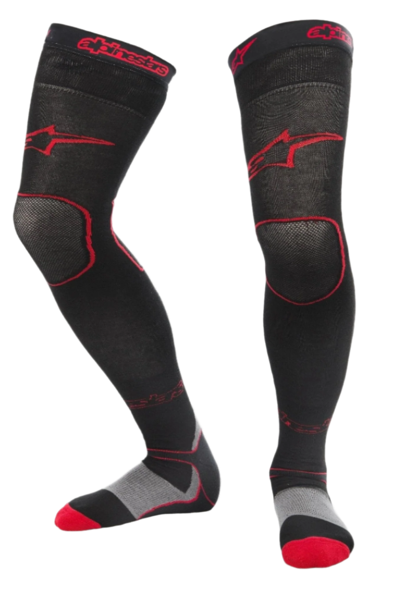 Alpinestars MX Long Tech Thick Socks, skarpety motocrossowe, czarno-czerwone, długość do połowy uda z czerwonym logo, szare i czerwone detale na podeszwie, techniczna tkanina przeznaczona do wyścigów off-road i butów motocrossowych