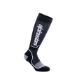 Alpinestars Youth MX Plus Socks, młodzieżowe skarpety motocrossowe do kolan, czarno-szare, z białym napisem Alpinestars, prążkowana tekstura ze wzmocnioną piętą i palcami, oddychająca jednowarstwowa konstrukcja do jazdy off-road
