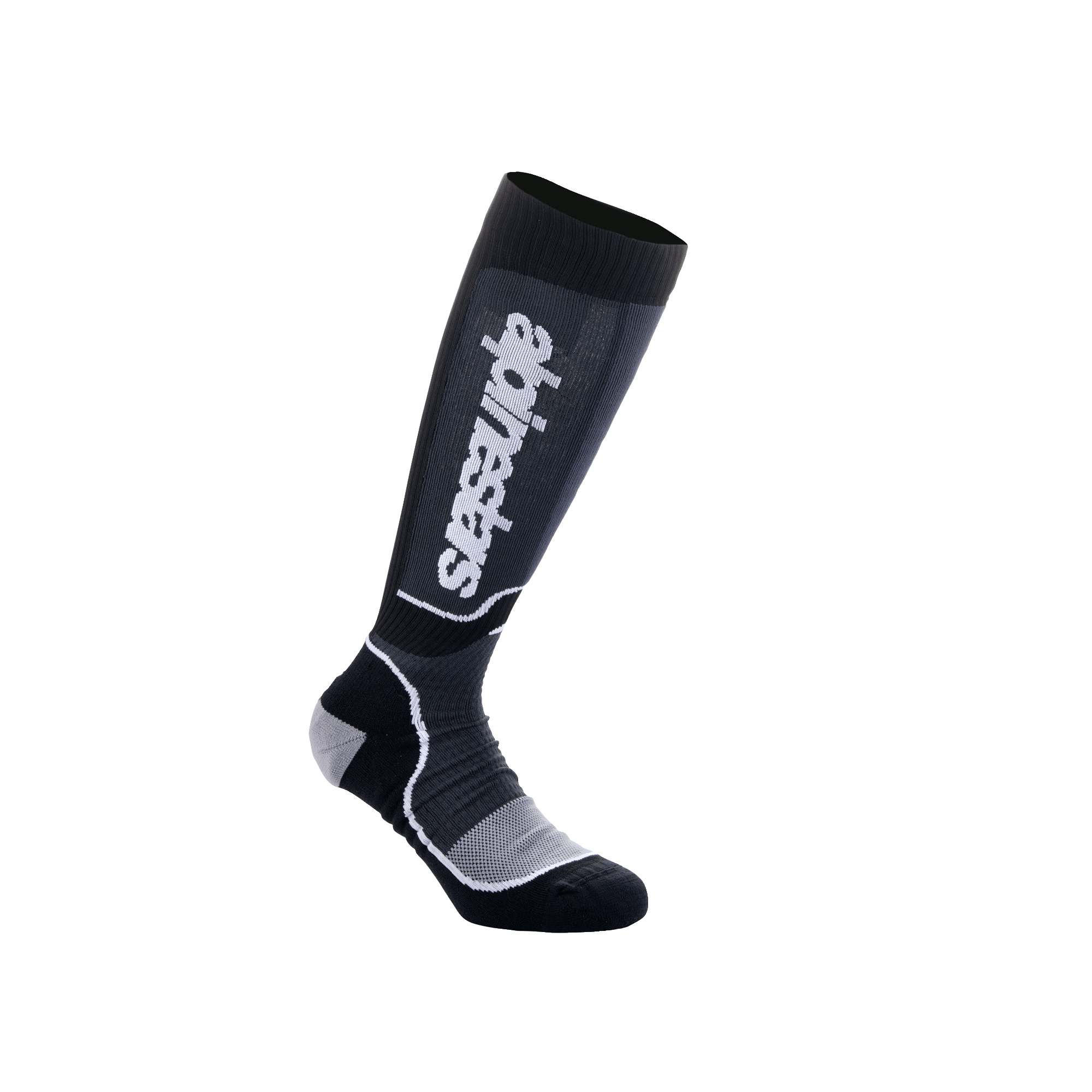 Alpinestars Youth MX Plus Socks, młodzieżowe skarpety motocrossowe do kolan, czarno-szare, z białym napisem Alpinestars, prążkowana tekstura ze wzmocnioną piętą i palcami, oddychająca jednowarstwowa konstrukcja do jazdy off-road