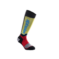Alpinestars Youth MX Plus Socks, młodzieżowe skarpety motocrossowe, czarne z żółtymi, czerwonymi i jasnoniebieskimi akcentami, długość do kolan, żebrowana konstrukcja, pionowe logo Alpinestars na goleni