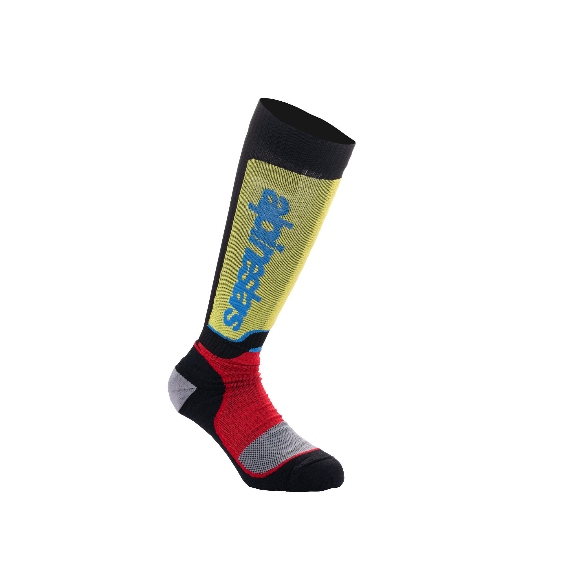 Alpinestars Youth MX Plus Socks, młodzieżowe skarpety motocrossowe, czarne z żółtymi, czerwonymi i jasnoniebieskimi akcentami, długość do kolan, żebrowana konstrukcja, pionowe logo Alpinestars na goleni
