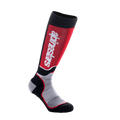 Alpinestars Youth MX Plus Socks, młodzieżowe skarpety motocrossowe, czarno-szaro-czerwone, z pionowym białym logo na czerwonym panelu na goleniu, techniczna jednowarstwowa konstrukcja z oddychającymi strefami z siateczki, przeznaczone do butów terenowych