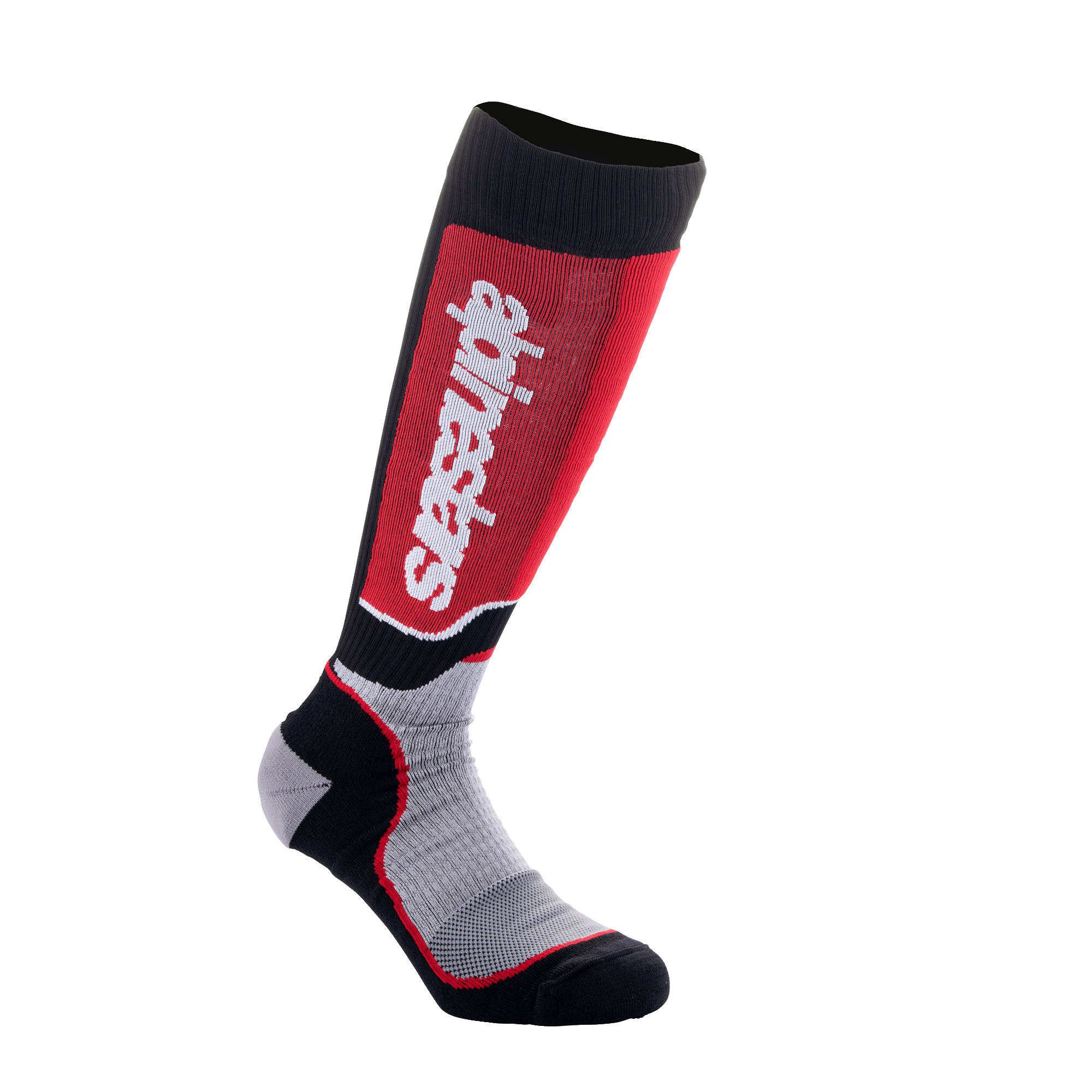 Alpinestars Youth MX Plus Socks, młodzieżowe skarpety motocrossowe, czarno-szaro-czerwone, z pionowym białym logo na czerwonym panelu na goleniu, techniczna jednowarstwowa konstrukcja z oddychającymi strefami z siateczki, przeznaczone do butów terenowych