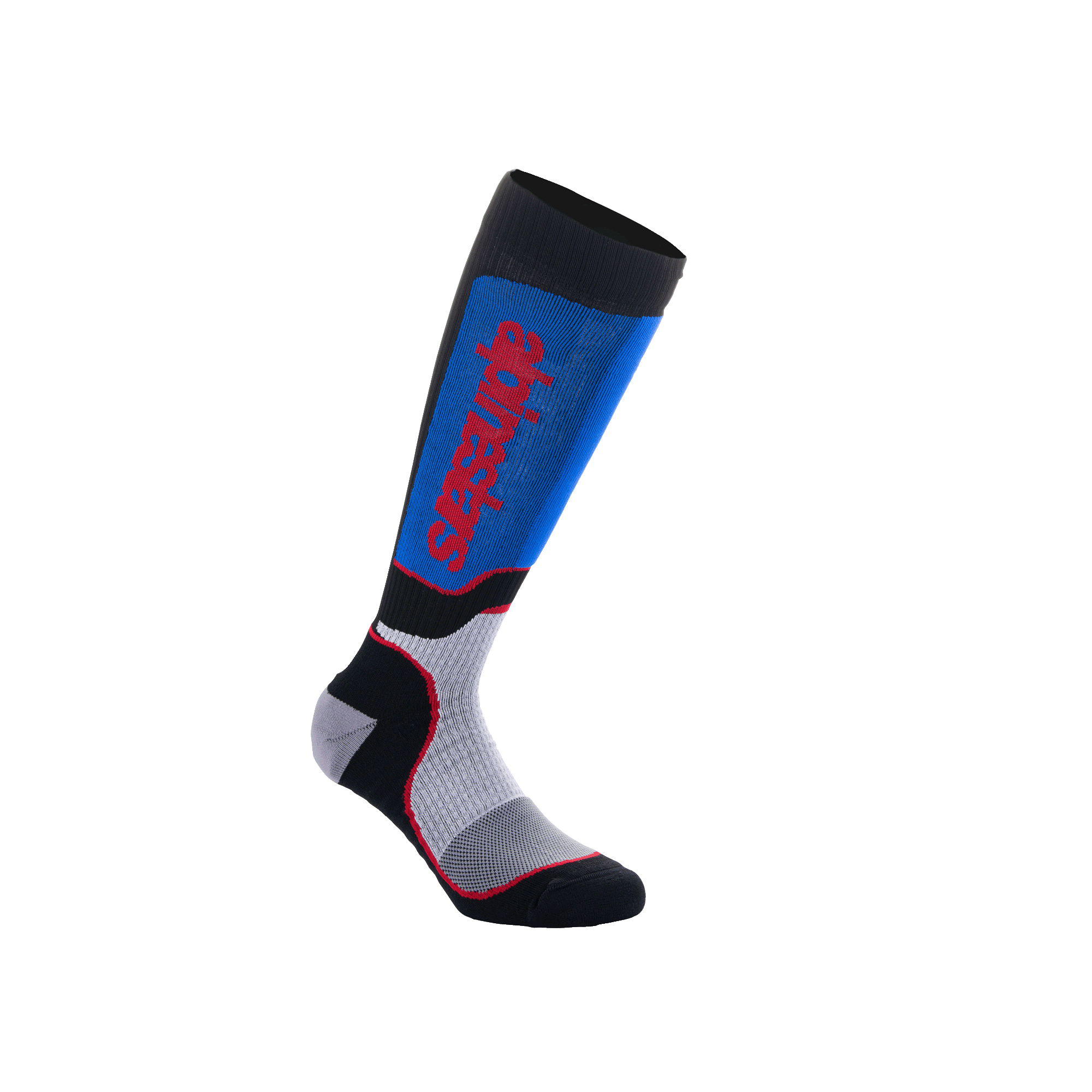 Alpinestars Youth MX Plus Socks, młodzieżowe skarpety motocrossowe do kolan, czarne, niebieskie i szare, pionowe czerwone logo Alpinestars, żebrowany krój kompresyjny ze wzmocnioną piętą i palcami, odzież wyczynowa dla młodych zawodników