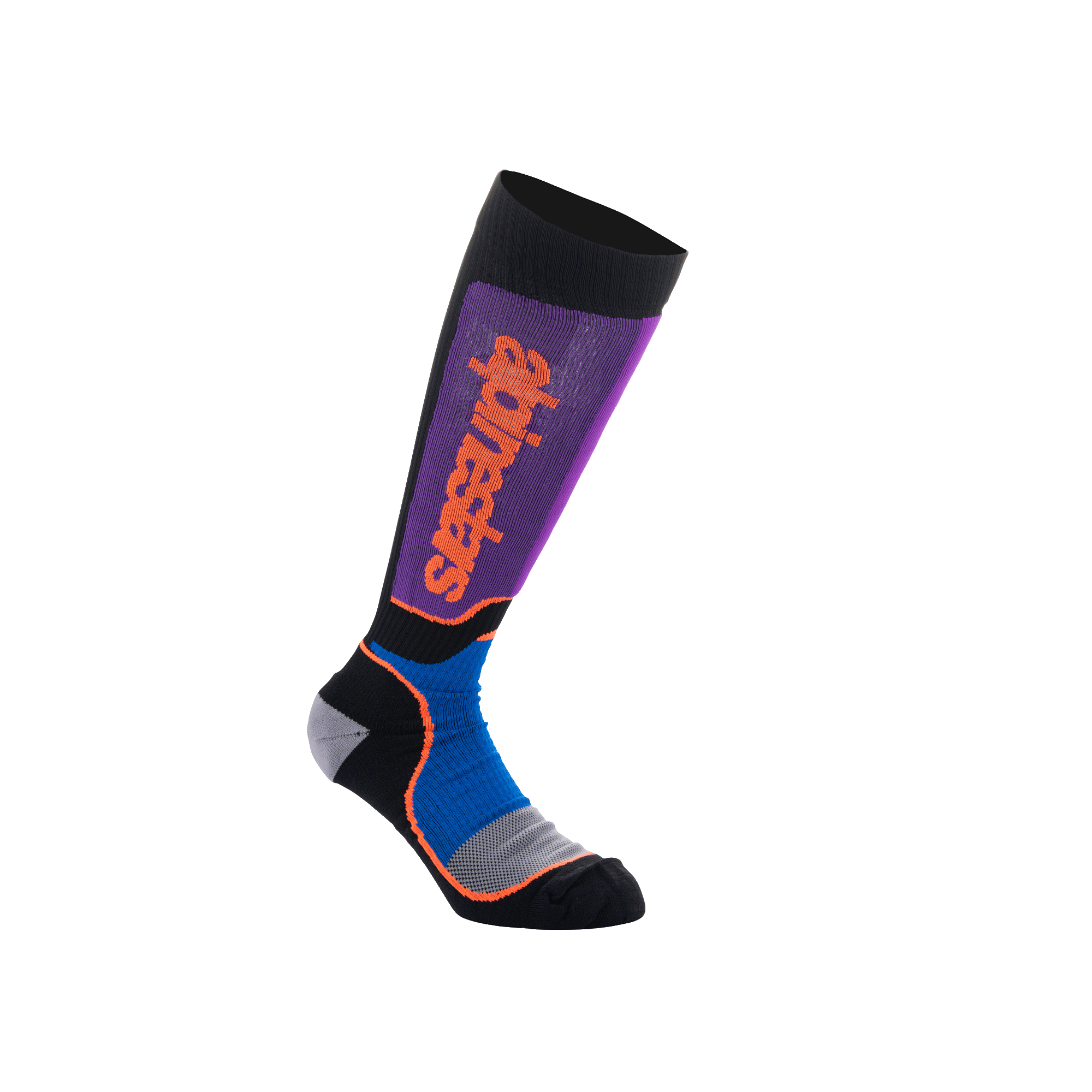 Alpinestars Youth MX Plus Socks, skarpety motocrossowe podkolanówki, czarne, niebieskie i fioletowe z pomarańczowym logo, prążkowana konstrukcja, wzmocniona pięta i palce, do jazdy off-road