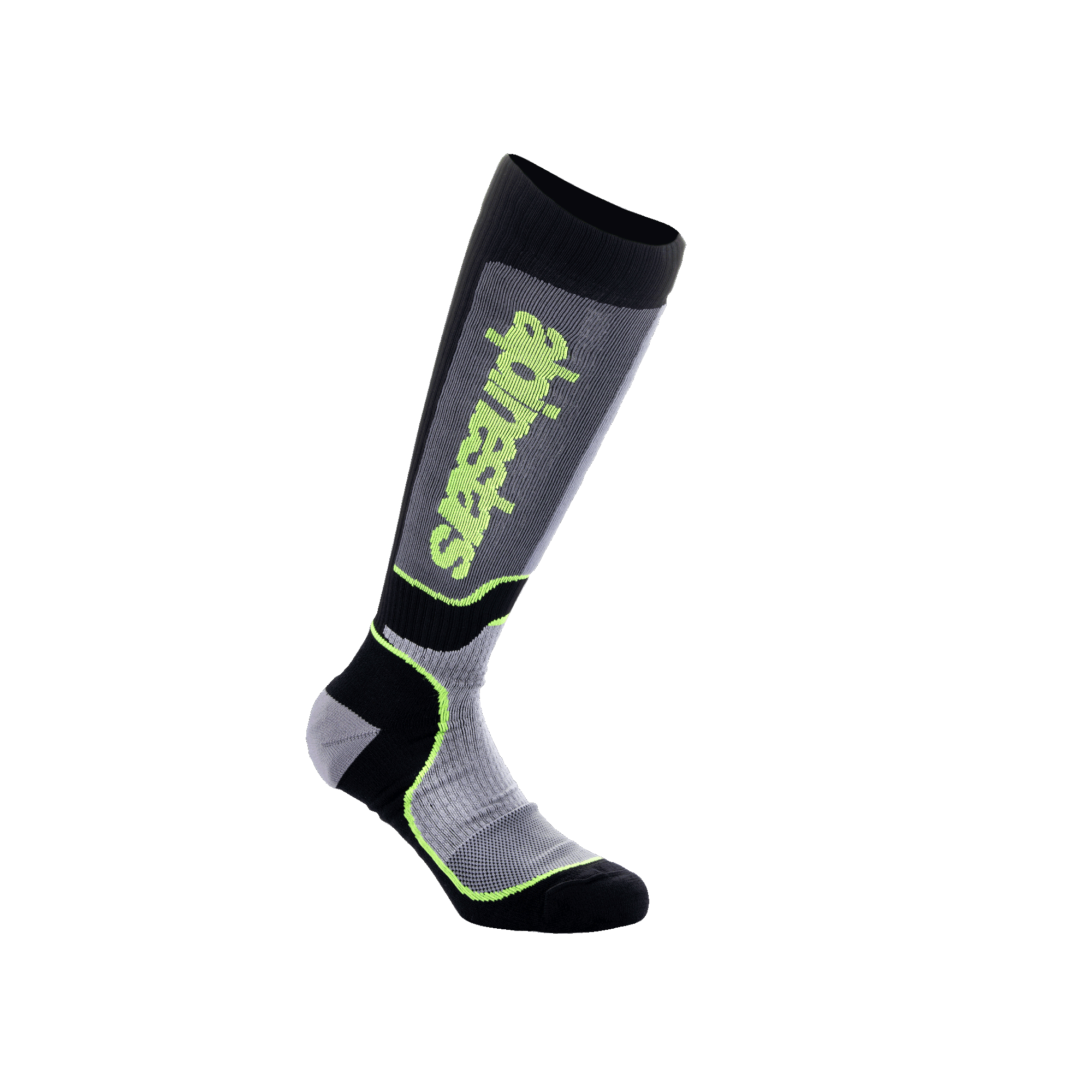 Alpinestars Youth MX Plus Socks, skarpety motocrossowe, czarne, szare i żółte neonowe, wysoka konstrukcja podkolanówki z żebrowaną strukturą i logo Alpinestars, do wyścigów motocyklowych off-road
