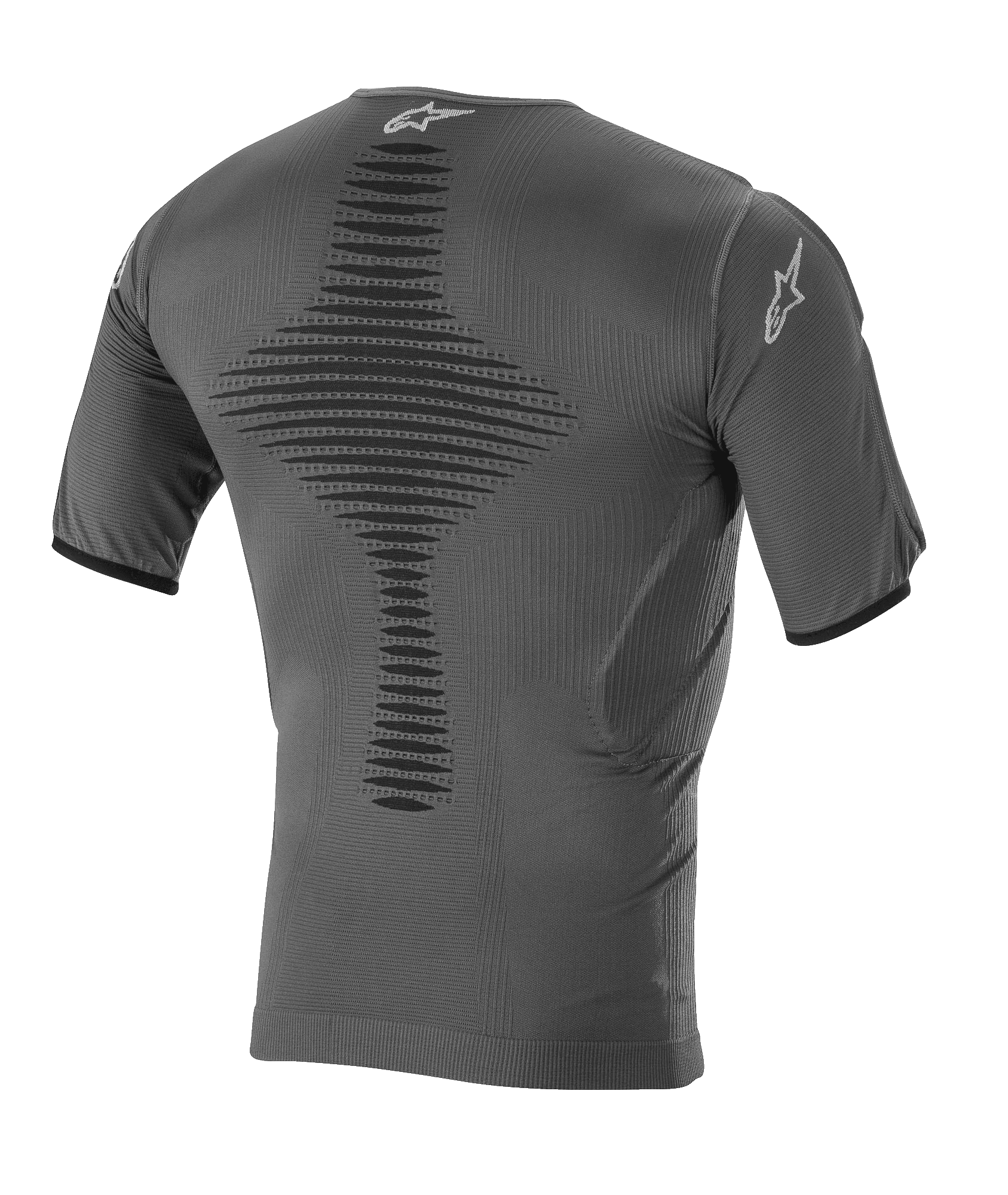 Alpinestars Roost Base Layer Top, techniczna warstwa bazowa do motocrossu, kolor antracytowo-czarny, widok z tyłu przedstawiający dzianinową, oddychającą konstrukcję, teksturowaną centralną strefę wentylacyjną, krótkie rękawy oraz logo gwiazdy Alpinestars na kołnierzu i rękawie