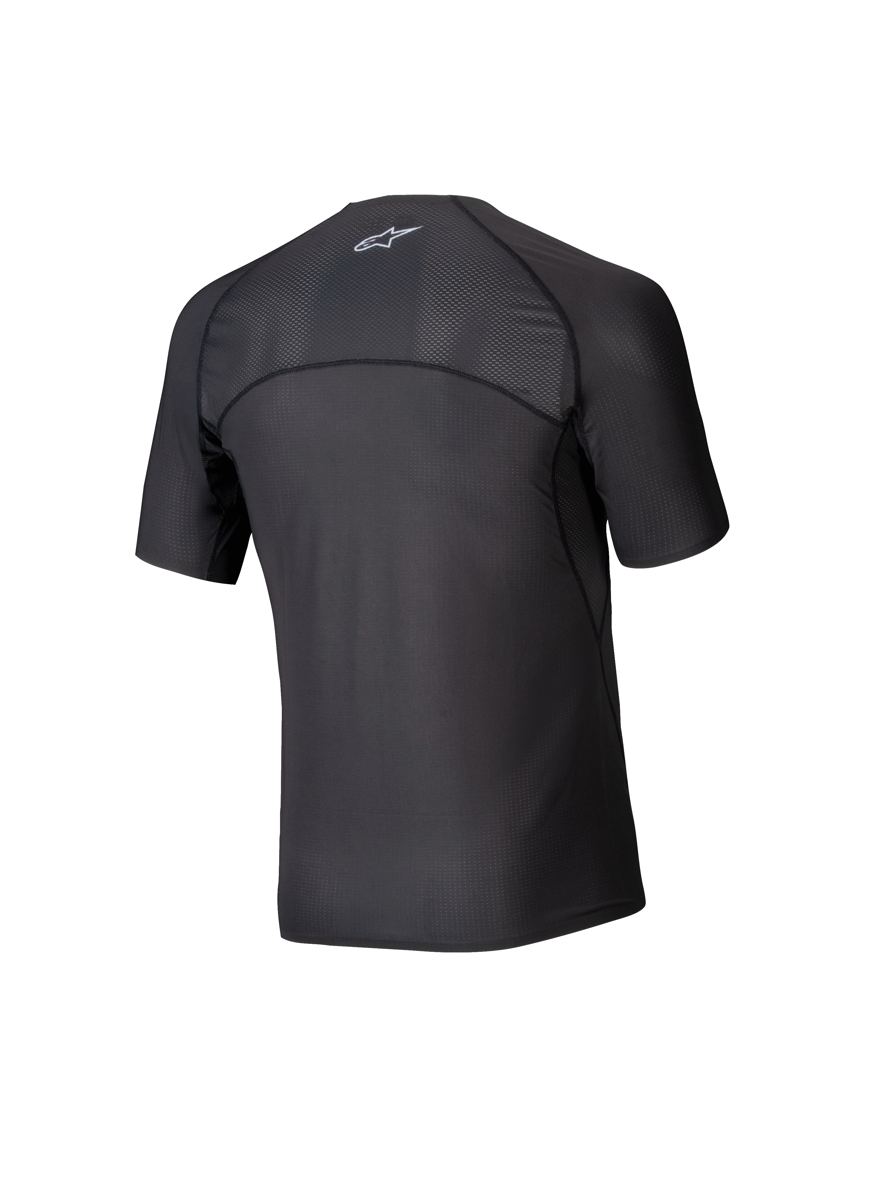 Alpinestars Tech KX Sim Top, kartingowa warstwa bazowa z krótkim rękawem, czarny, widok z tyłu ukazujący oddychające panele z siatki na ramionach i górnej części pleców, ergonomiczna konstrukcja szwów, wydajny materiał odprowadzający wilgoć