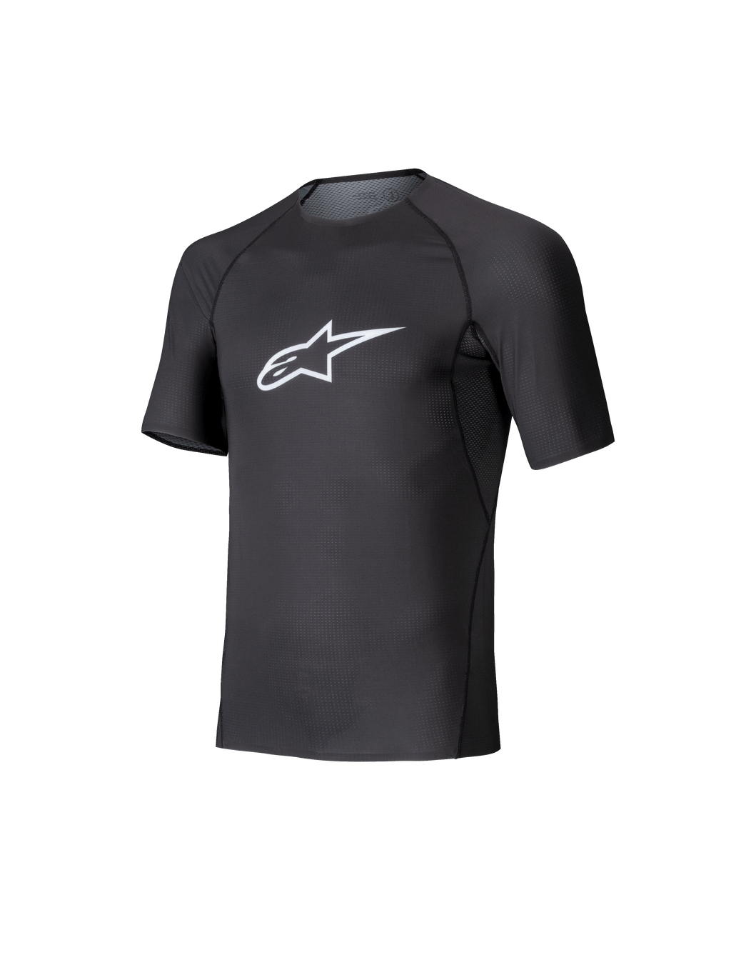 Alpinestars Tech KX Sim Top, kartingowa warstwa bazowa z krótkim rękawem, czarna z białym logo Astars na piersi, oddychająca konstrukcja z elastycznej siatki, ergonomiczny krój do kartingu i sim racingu