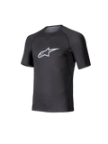 Alpinestars Tech KX Sim Top, kartingowa warstwa bazowa z krótkim rękawem, czarna z białym logo Astars na piersi, oddychająca konstrukcja z elastycznej siatki, ergonomiczny krój do kartingu i sim racingu