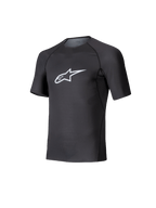 Alpinestars Tech KX Sim Top, kartingowa warstwa bazowa z krótkim rękawem, czarna z białym logo Astars na piersi, oddychająca konstrukcja z elastycznej siatki, ergonomiczny krój do kartingu i sim racingu