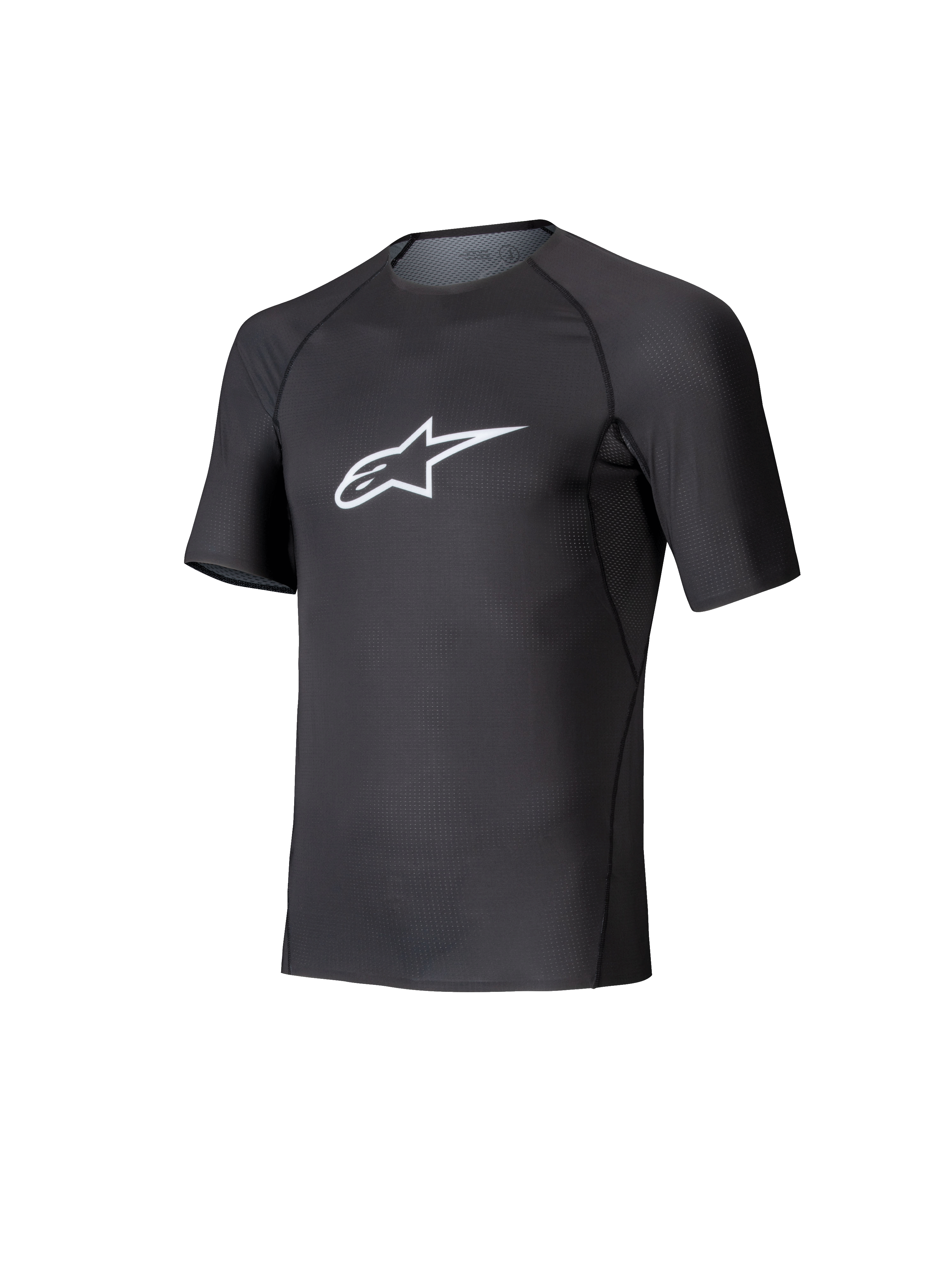 Alpinestars Tech KX Sim Top, kartingowa warstwa bazowa z krótkim rękawem, czarna z białym logo Astars na piersi, oddychająca konstrukcja z elastycznej siatki, ergonomiczny krój do kartingu i sim racingu