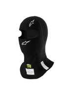 Kominiarka Alpinestars ZX Evo V3, czarna, ognioodporna kominiarka wyścigowa, białe logo Alpinestars, otwór na rurkę do nawadniania, metki z homologacją FIA/SFI, lekka i ergonomiczna konstrukcja do sportów motorowych