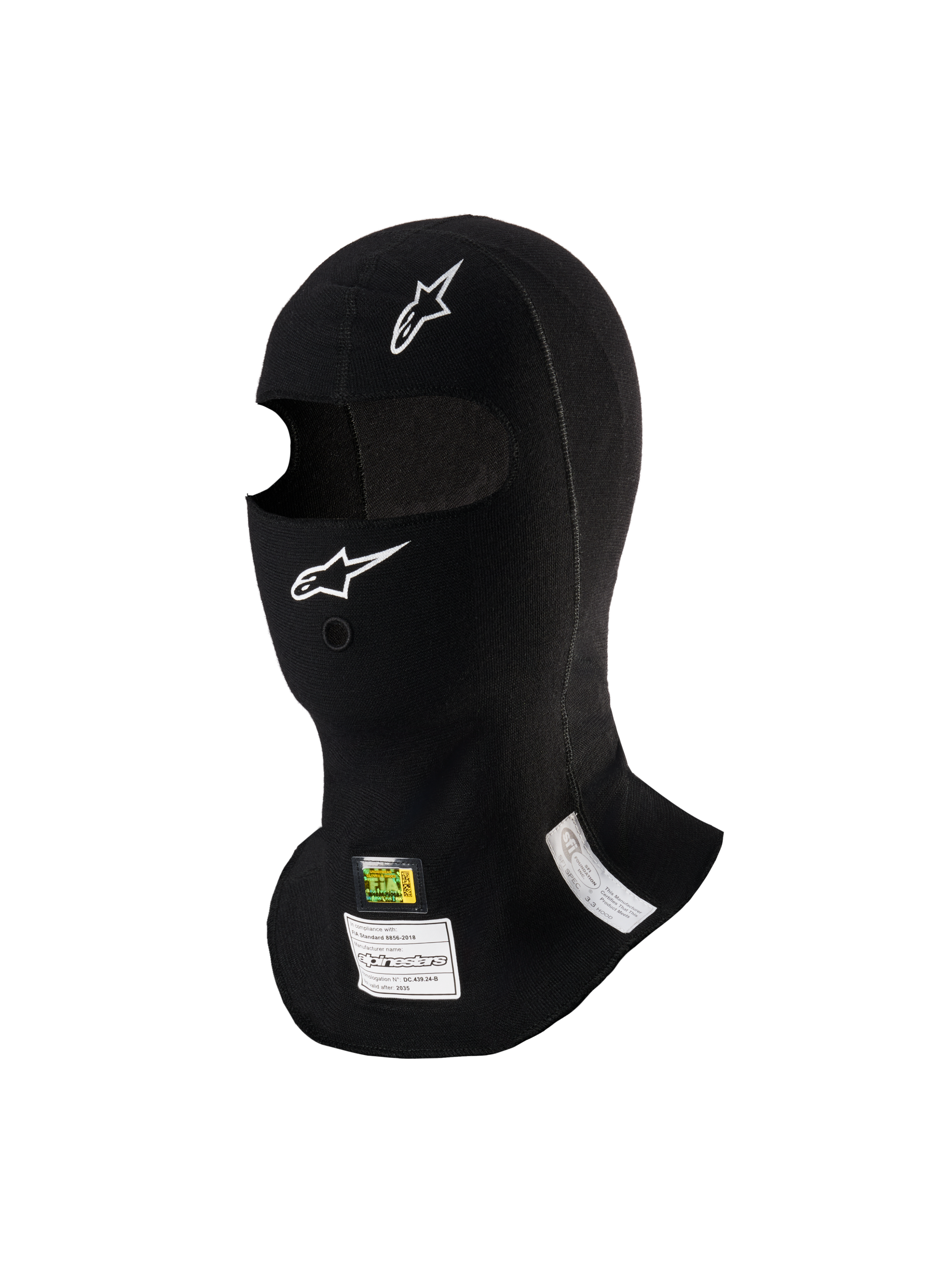 Kominiarka Alpinestars ZX Evo V3, czarna, ognioodporna kominiarka wyścigowa, białe logo Alpinestars, otwór na rurkę do nawadniania, metki z homologacją FIA/SFI, lekka i ergonomiczna konstrukcja do sportów motorowych