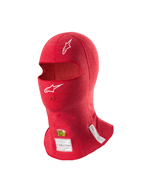 Alpinestars ZX Evo V3 Balaclava, Red, Flame-Resistant Auto Racing Head Layer, featuring white Astars logos, hydration tube opening, and FIA and SFI certification labels on the bottom edge.