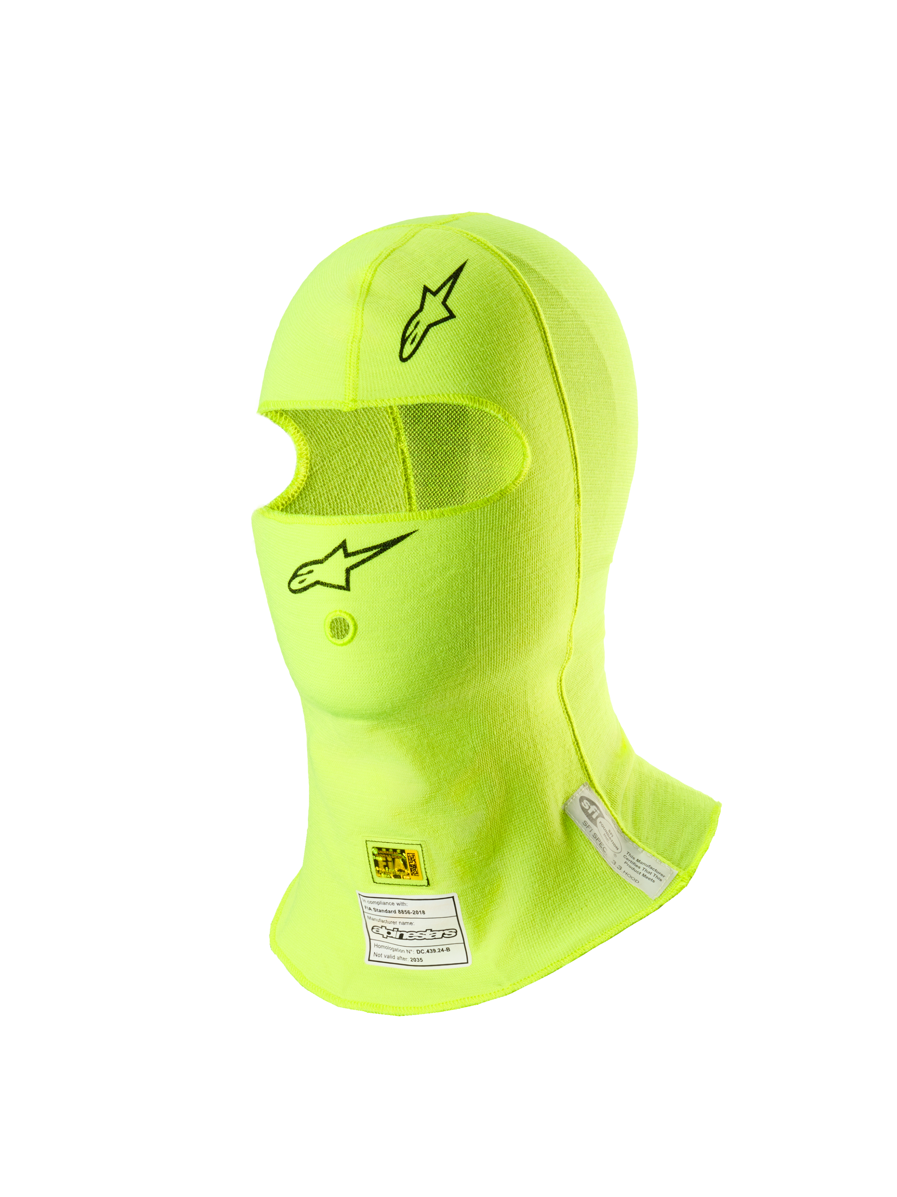 Alpinestars ZX Evo V3 Balaclava, Auto Racing Headgear, Yellow Fluo, featuring black star logos on the forehead and chin, FIA and SFI certification labels on the neck, lightweight flame-resistant material with a hydration tube opening