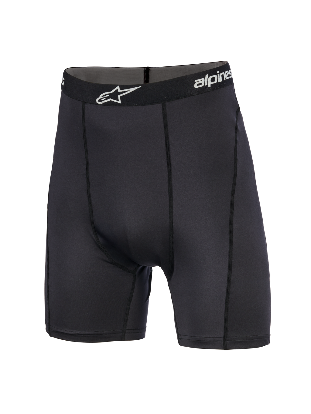 Alpinestars MX Boxer, spodenki termoaktywne do motocrossu, czarne, długość do połowy uda, z markowym elastycznym pasem i białym logo gwiazdy, sportowy krój z pionowymi szwami