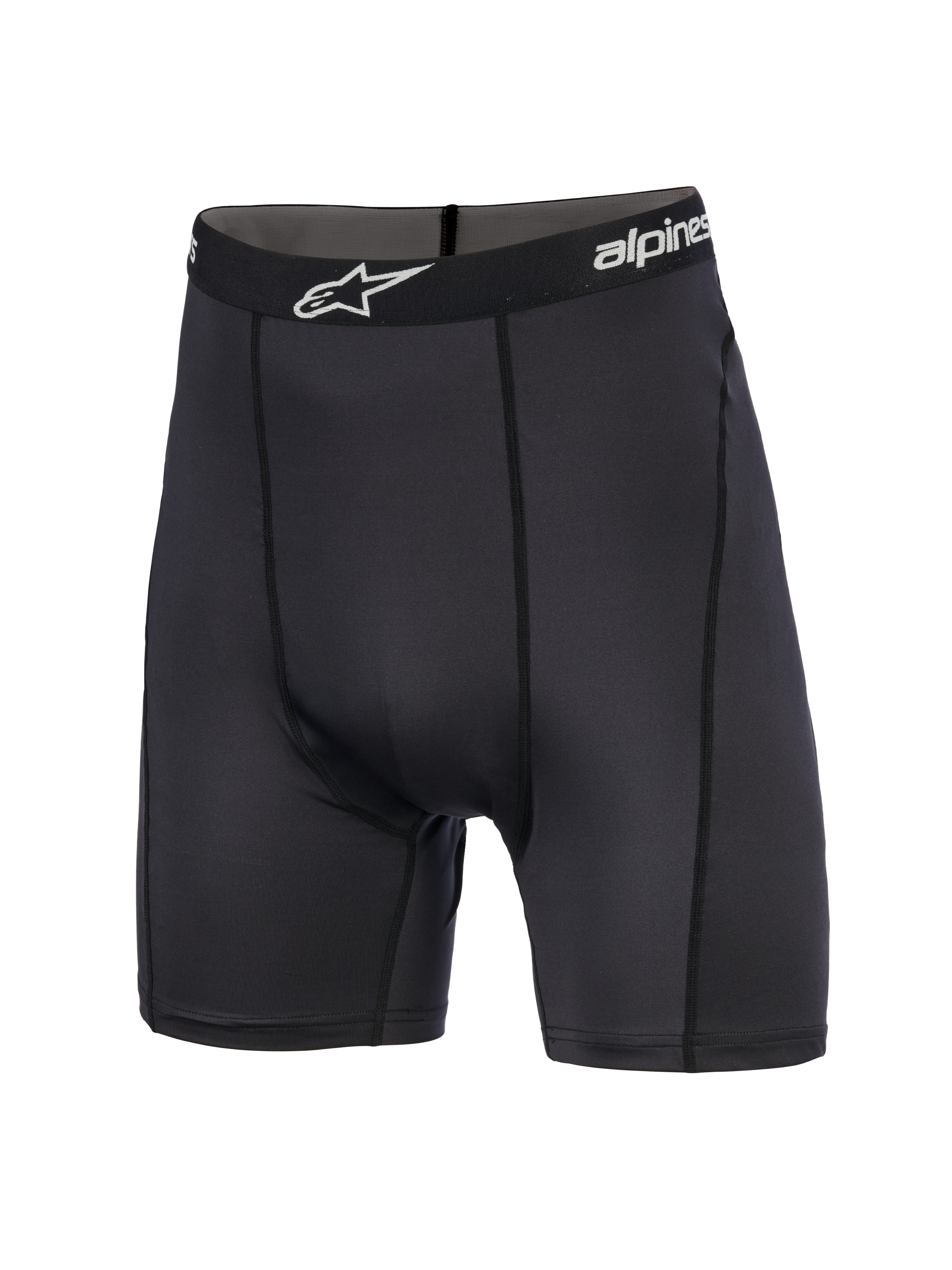 Alpinestars MX Boxer, spodenki termoaktywne do motocrossu, czarne, długość do połowy uda, z markowym elastycznym pasem i białym logo gwiazdy, sportowy krój z pionowymi szwami
