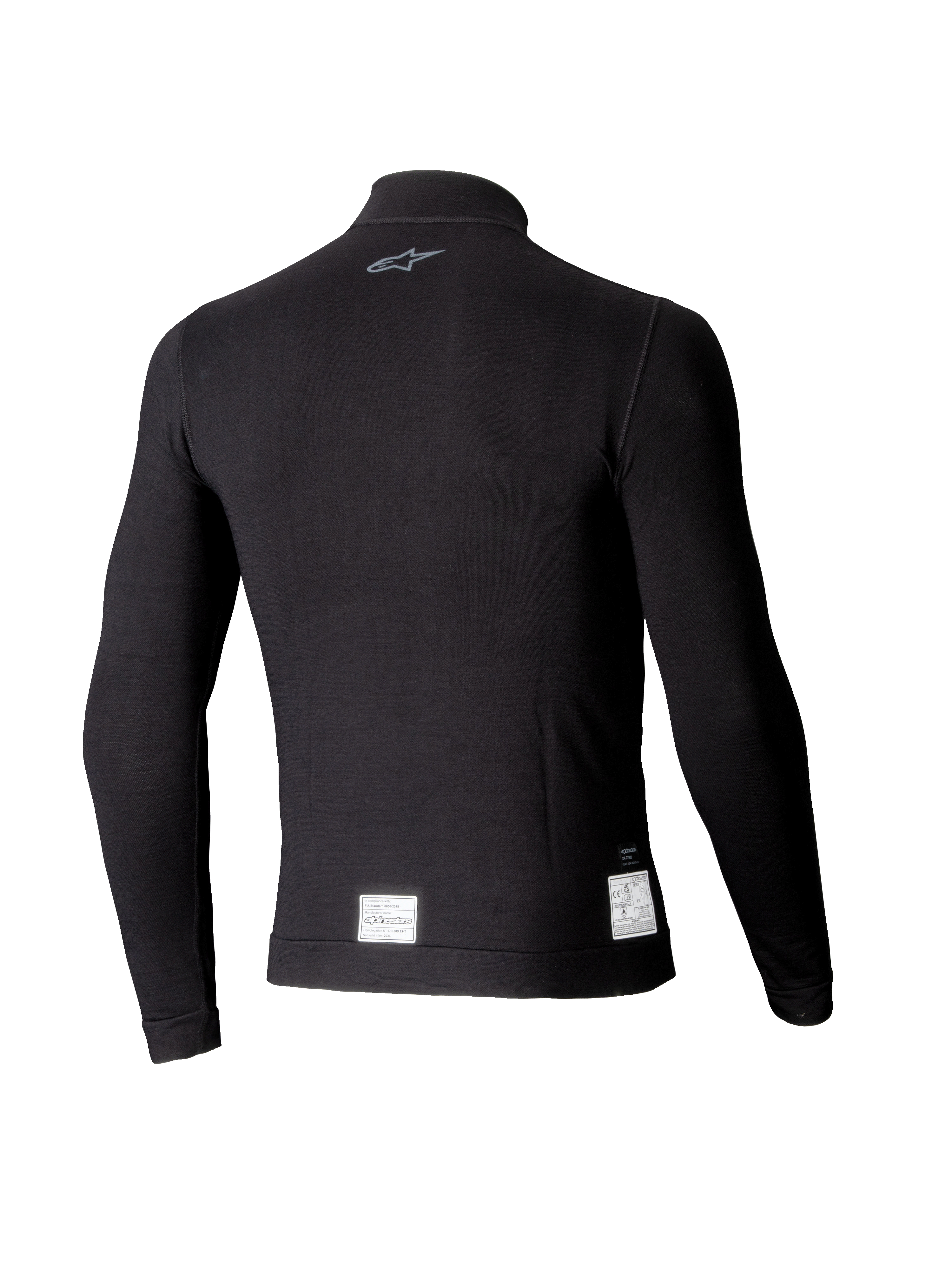 Alpinestars ZX Evo V3 Long Sleeve Top, czarna samochodowa warstwa bazowa, widok z tyłu z małym szarym logo na karku i białymi etykietami certyfikacyjnymi FIA/SFI przy dolnej krawędzi, lekka ognioodporna konstrukcja