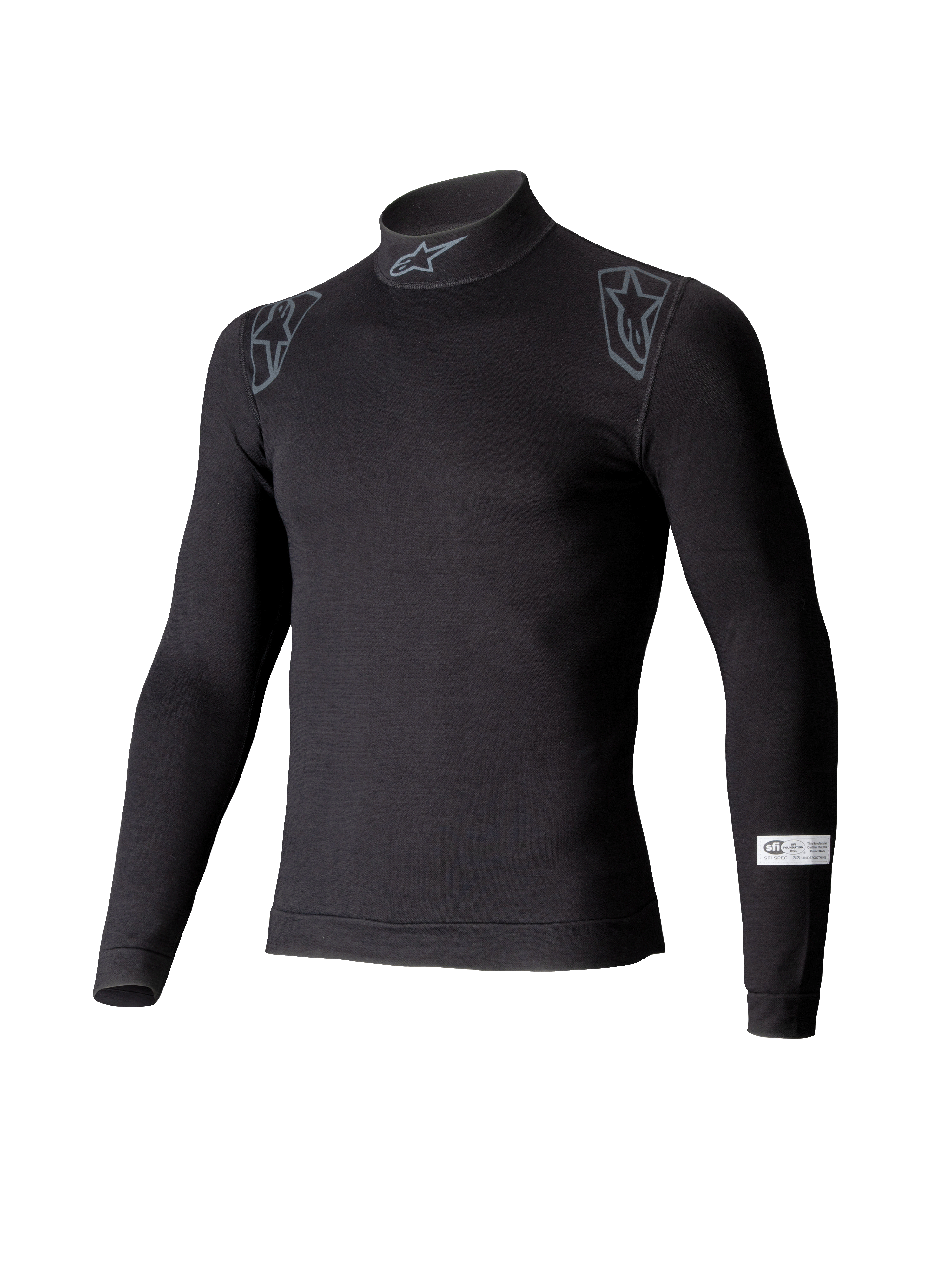 Alpinestars ZX Evo V3 Top, czarna koszulka termoaktywna z długim rękawem do wyścigów samochodowych, z półgolfem z logo Alpinestars, grafikami na ramionach i naszywką z certyfikatem SFI na rękawie, profesjonalna ognioodporna bielizna motorsportowa