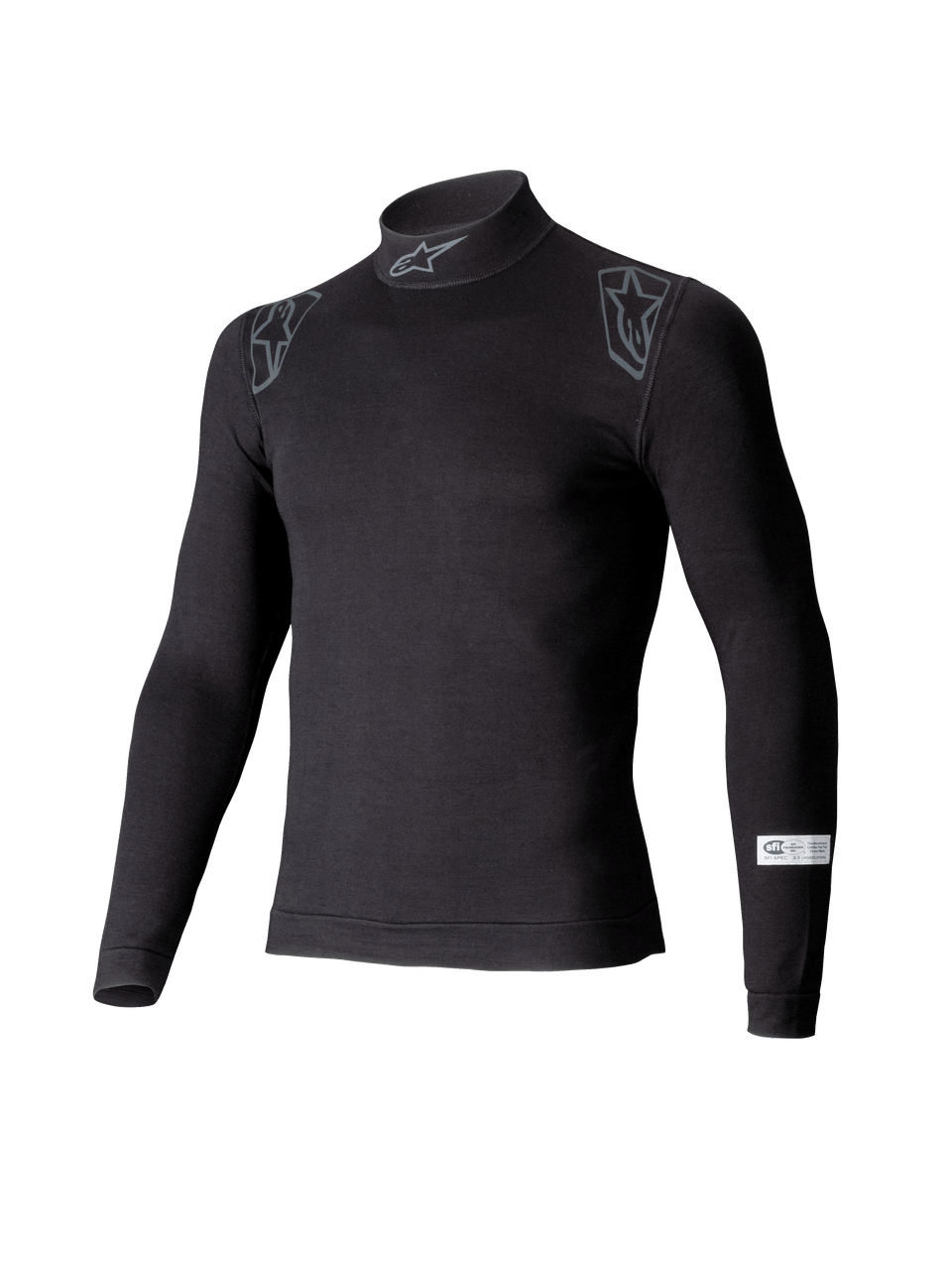 Alpinestars ZX Evo V3 Top, czarna koszulka termoaktywna z długim rękawem do wyścigów samochodowych, z półgolfem z logo Alpinestars, grafikami na ramionach i naszywką z certyfikatem SFI na rękawie, profesjonalna ognioodporna bielizna motorsportowa