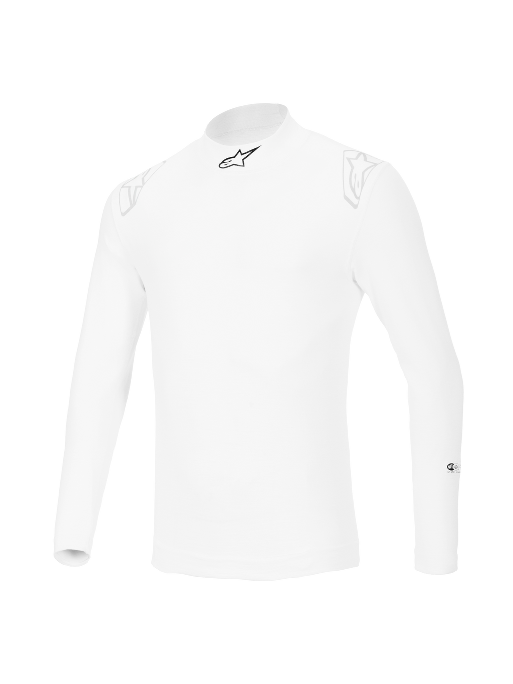 Alpinestars ZX Evo V3 Long Sleeve Top, biała samochodowa bielizna termoaktywna, ognioodporna konstrukcja z czarnym logo gwiazdy na kołnierzu i subtelnymi białymi logo na ramionach, profesjonalny sprzęt do sportów motorowych.