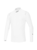 Alpinestars ZX Evo V3 Long Sleeve Top, biała samochodowa bielizna termoaktywna, ognioodporna konstrukcja z czarnym logo gwiazdy na kołnierzu i subtelnymi białymi logo na ramionach, profesjonalny sprzęt do sportów motorowych.
