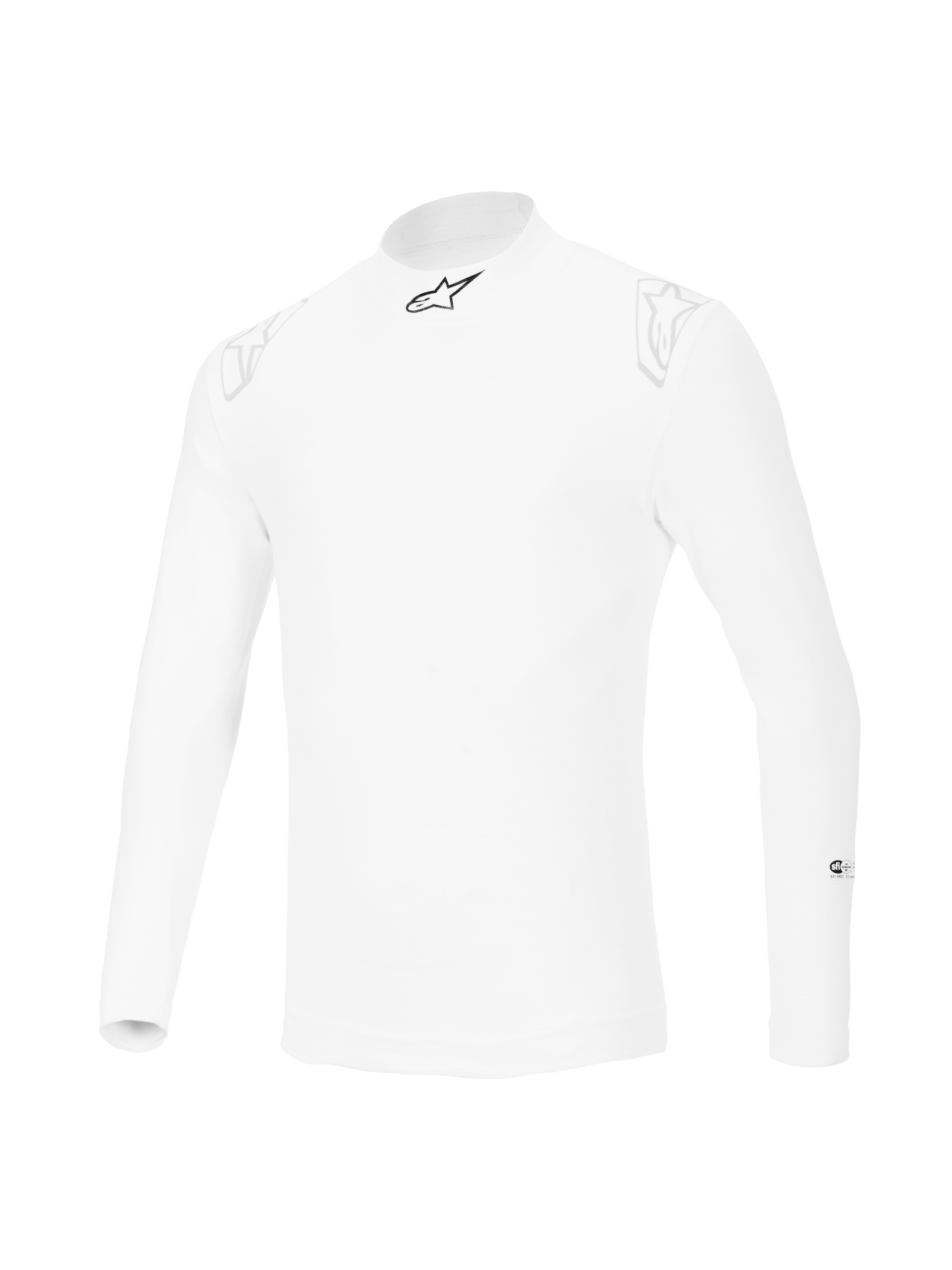 Alpinestars ZX Evo V3 Long Sleeve Top, biała samochodowa bielizna termoaktywna, ognioodporna konstrukcja z czarnym logo gwiazdy na kołnierzu i subtelnymi białymi logo na ramionach, profesjonalny sprzęt do sportów motorowych.