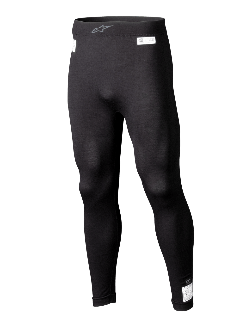 Alpinestars ZX Evo V3 Bottom, czarne legginsy termoaktywne do sportów motorowych, ognioodporna bielizna wyścigowa, długa nogawka z białymi etykietami certyfikacji FIA i SFI, elastyczny pas z szarym logo Astars, dopasowany zwężany krój