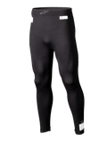Alpinestars ZX Evo V3 Bottom, czarne legginsy termoaktywne do sportów motorowych, ognioodporna bielizna wyścigowa, długa nogawka z białymi etykietami certyfikacji FIA i SFI, elastyczny pas z szarym logo Astars, dopasowany zwężany krój