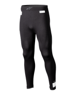 Alpinestars ZX Evo V3 Bottom, czarne legginsy termoaktywne do sportów motorowych, ognioodporna bielizna wyścigowa, długa nogawka z białymi etykietami certyfikacji FIA i SFI, elastyczny pas z szarym logo Astars, dopasowany zwężany krój