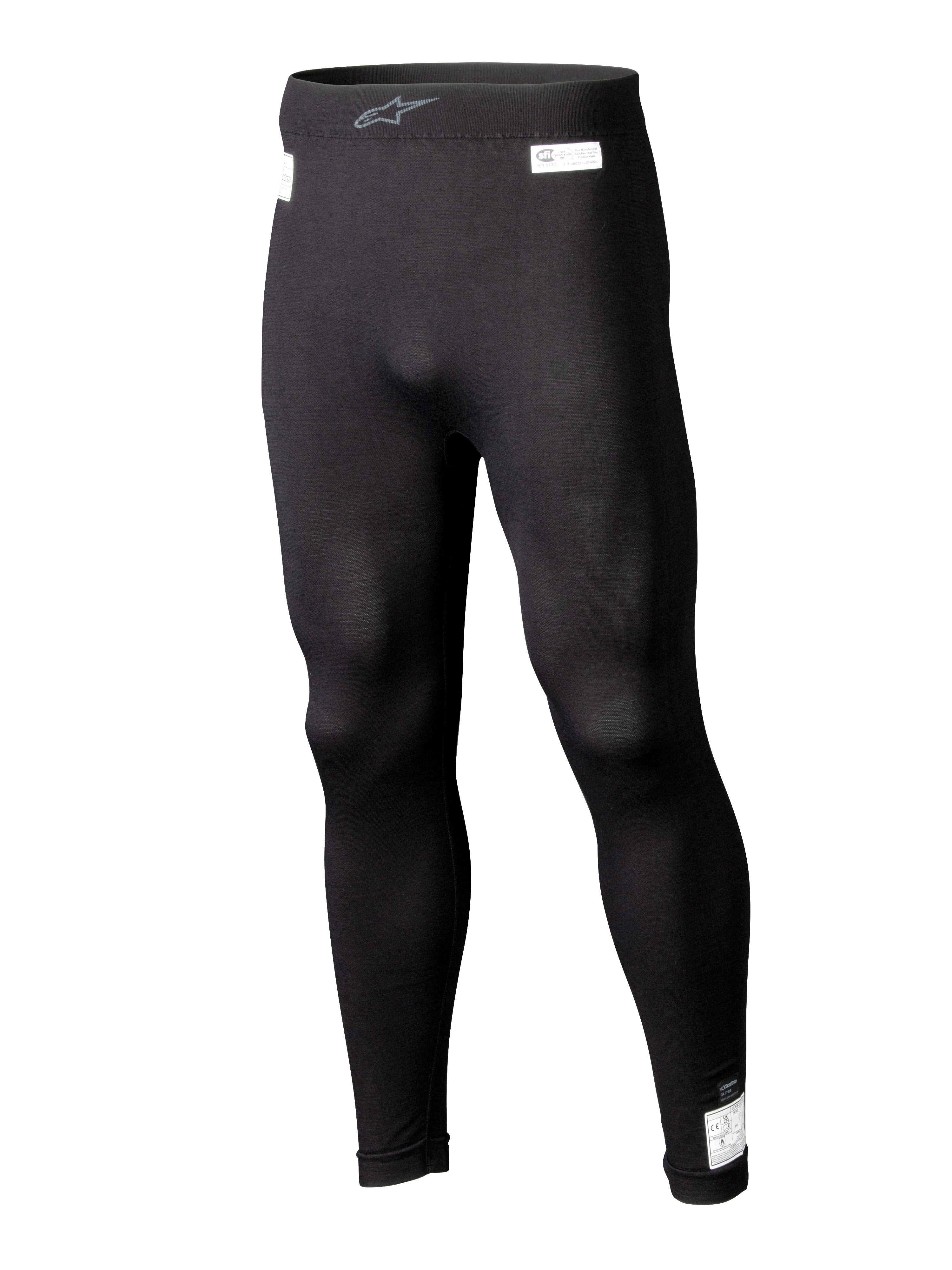 Alpinestars ZX Evo V3 Bottom, czarne legginsy termoaktywne do sportów motorowych, ognioodporna bielizna wyścigowa, długa nogawka z białymi etykietami certyfikacji FIA i SFI, elastyczny pas z szarym logo Astars, dopasowany zwężany krój