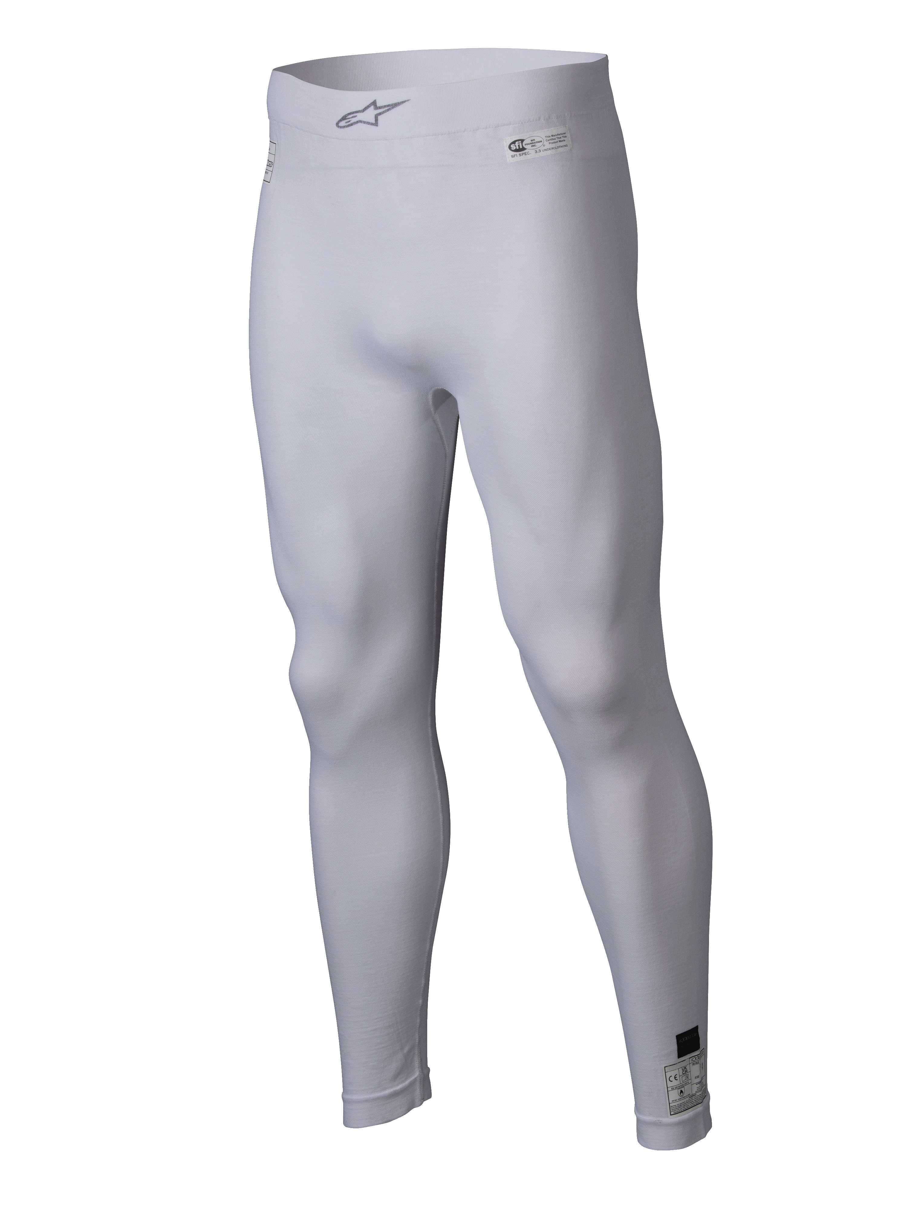 Alpinestars ZX Evo V3 Bottom, biała samochodowa bielizna termoaktywna, ognioodporne legginsy kompresyjne z logo Alpinestars na elastycznym pasie i etykietami certyfikacji, lekka elastyczna tkanina dla wydajności w sportach motorowych